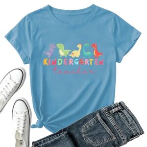 Kindergarten Teacher Shirt for Women-First Day of School Teacher Short Sleeve Cute Dinosaur Kindergarten Teach Tops