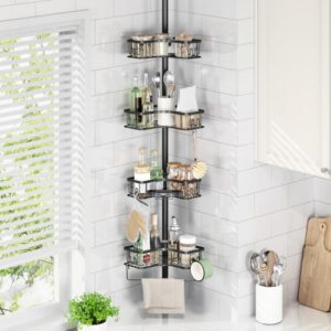 KINGRACK Corner Shower Caddy, 4‑Tier Tension‑Rod Shower Organizer, Black | No Drill Standing Organizer with hooks, Adjustable L-Shaped Shelves, Towel Racks