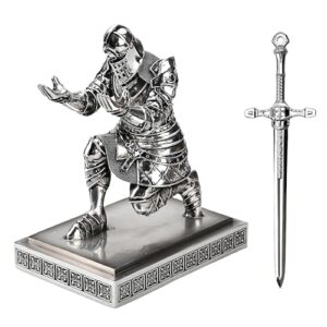 King's Guard Knight Pen Holder with a Letter Opener Desk Organizers Silver | HDMbigmi Resin Pencil Holder Glasses Holder Paperweight Bookends Desktop Decorations and Accessories for Office and Home