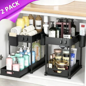 Kisportee Under Sink Organizer, 2 Pack Bathroom Cabinet Organizer, 2 Tier Sliding Cabinet Organizer Drawer with 10 Hooks, 4 Hanging Cups, Multi-Purpose Kitchen Organizer and Storage, Black