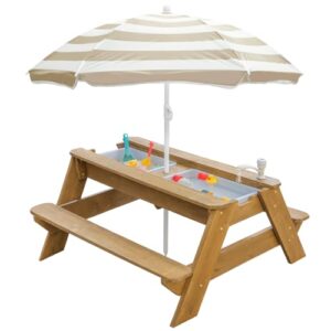 K LUCKIDS Kids 3-in-1 Sand & Water Activity Table, Wood Outdoor Convertible Picnic Table, 2 Play Boxes, Removable Top with Faucet, Picnic for Outdoor (Natural/Brown)