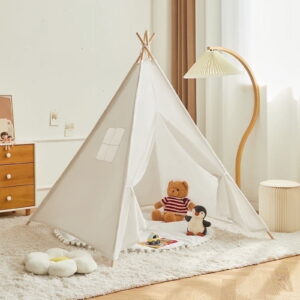 KOPPOP Kids Teepee Play Tent - Natural Cotton Canvas Foldable Indoor/Outdoor Playhouse for Toddlers Ages 2-6 (White, Boys & Girls).