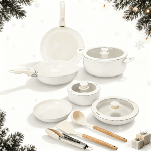 Ktaxon 22-Piece Nonstick Cookware Set with Detachable Handle, 6 Pots and Pans, Aluminum, Induction Safe, Cream White
