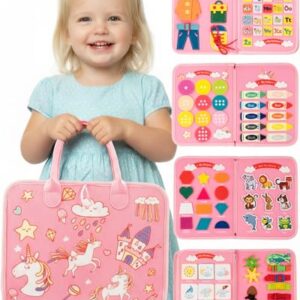 LADFAR Montessori Busy Board, 8-Page Sensory Activity Toy, Unicorn | 8 sensory activity pages, Fine motor and dressing practice, Portable travel toy, Gift for girls