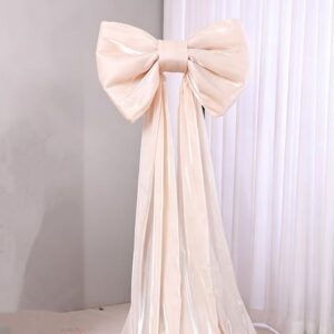 Large Organza Bow Decor for Room Outdoor with Long Ribbon Tails | Coquette Aesthetic,Sponge Reinforced, Hanging Backdrop Decoration for Wedding Arch/Birthday/Party, Beige,31.5*23.6"