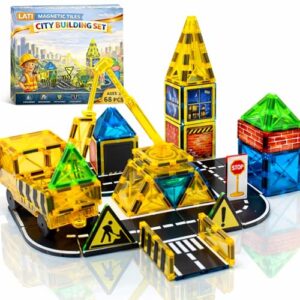 LATI Construction City Magnetic Tiles for Kids with Crane & Vehicles