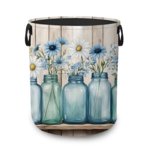 Laundry Basket,Blue Mason Jars Foldable Clothes Hamper with Handles,Daisy Flowers Waterproof Oxford Cloth Storage Organizer for Bedroom Bathroom College Dorm,16" x 20"