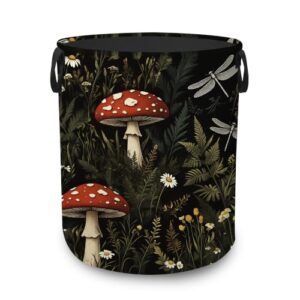 Laundry Basket,Mushroom Dragonfly Foldable Clothes Hamper with Handles,Wildflower Forest Waterproof Oxford Cloth Storage Organizer for Bedroom Bathroom College Dorm,16" x 20"