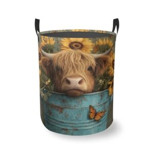 Laundry Hamper Foldable Oxford Cloth Flower Cute Highland Cow Laundry Basket With Handle Portable Clothes Storage Organizer Basket Storage Bag For Laundry Room/Bedroom/Bathroom