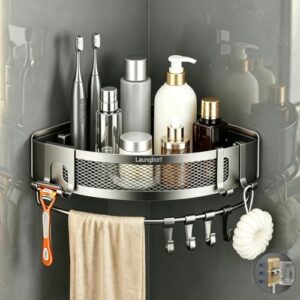 LAUNGBORF Corner Shower Caddy, Triangle Corner (1 Pack) | Rustproof carbon steel with adhesive no-drill mount, 2 spare pads included. Ideal for shower, kitchen, laundry