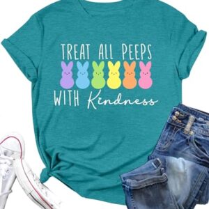 LAZYCHILD Women Easter Teacher Shirts: Funny Teacher Treat with Kindness T-Shirt Bunny Rabbit Tee Tops Cyan