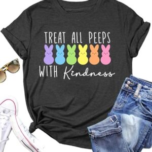 LAZYCHILD Women Easter Teacher Shirts: Funny Teacher Treat with Kindness T-Shirt Bunny Rabbit Tee Tops Darkgrey