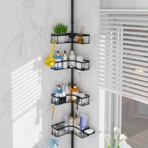 LEEDA Corner Shower Caddy Tension Pole, 4-Tier Adjustable Floor to Ceiling Bathroom Organizer， No-Drill Stand Storage Rack with Soap/Toothbrush Holder for Renters - 34-125 In Black