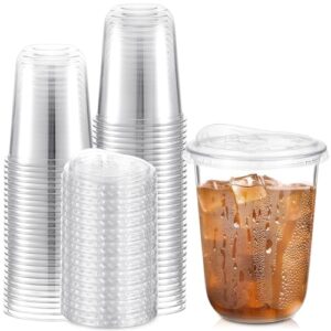 LemonRoad 50 Sets Plastic Cups with Strawless Sip Lids, Thickened Round Bottom PET Disposable Clear Cups for Iced Coffee Smoothie Cold Beverage Coffee Shops and Party Catering(Clear,16 oz)