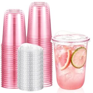 LemonRoad 50 Sets Plastic Cups with Strawless Sip Lids, Thickened Round Bottom PET Disposable Clear Cups for Iced Coffee Smoothie Cold Beverage Coffee Shops and Party Catering(Pink,16 oz)