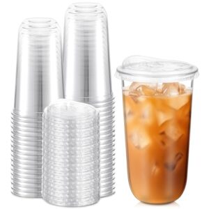 LemonRoad 50 Sets Plastic Cups with Strawless Sip Lids, Thickened Round Bottom PET Disposable Clear Cups for Iced Coffee Smoothie Cold Beverage Coffee Shops and Party Catering (Clear,20 oz)