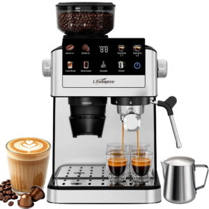 LifeImpree Espresso Machine with Grinder, 20 Bar Coffee Machine for Home with Powerful Milk Frother Steam Wand, 30 Grind Settings, 1550W Coffee Maker with Portafilter for Capsules