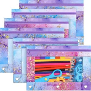 Lincia 6 Pack Pencil Pouch for 3 Ring Binder Smooth Zipper 3 Ring Binder Pencil Pouches Reinforced Grommets Pen Cases Pen Bags with Clear Window Teacher Appreciation Gift(Marble)