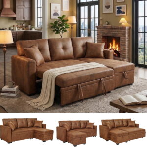 LLappuil 71" Sectional Sofa, Sectional Couch with Pull Out Sofa Bed Twin Size, Convertible Sofa Bed with Storage Chaise for Living Room, Compact Space, Foil Fabric Brown