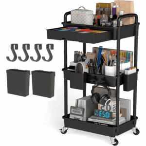 LLMRR 3 Tier Rolling Utility Cart with Removable Drawer and Handle, Mobile Storage Cart with Wheels, Lockable Organizer Cart for Bathroom, Kitchen, Laundry Room, Snack, Office, Craft, Black