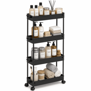 LLMRR 4 Tier Slim Rolling Storage Cart with wheels, Bathroom Storage Organizer, Kitchen Utility Cart, Narrow Shelf & Mobile Shelving Unit for Bathroom, Kitchen, Narrow Places, 4 Tier, Black