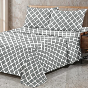 Lux Decor Queen Bed Sheets Set 4 Piece - Quatrefoil Pattern, Ultra Soft Sheet Deep Pocket Fit, Wrinkle Free, Breathable & Fade Resistant OEKO-TEX Certified, Grey