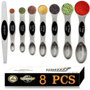 Magnetic Measuring Spoons Set, Dual Sided, Stainless Steel, Fits in Spice Jars (8Pcs-Black)