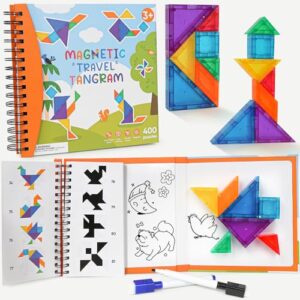Magnetic Tangram Puzzle with 3D Building Blocks, Road Trip Essentials Travel Tangram with 400 Solution Montessori Travel Toys for Kids Magnetic Puzzles Brain Teasers Gifts for Kids Adults