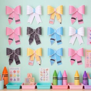 Marspark 30 Pcs 3D Pencil Bow Classroom Decor Back to School Decoration | Pastel Composition Paper Bow, Bulletin Board Decor, Teacher Classroom Chalkboard, Window Door Wall Decoration