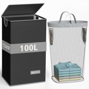 Maxtonne 100L Laundry Hamper with Lid, Collapsible, Comfort-Grip Handles | Collapsible & Sturdy Large Laundry Basket with Removable Bag, Washing Basket for Bedroom, Bathroom, Laundry Room, Black