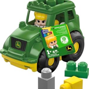 MEGA BLOKS John Deere Lil' Tractor Toddler Building Blocks Toy Set | 6 Pieces, Built-In Storage, 1 Blocks Buddies Figure, Green, Preschool Kids Ages 1+ Years, Easy to Build