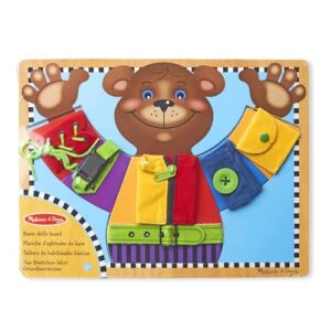 Melissa & Doug Basic Skills Wooden Puzzle Dress-Up Activity Board | 7 Pieces, Wooden Bear Board, 6 Dressing Skill Blocks, Button, Lace, Tie, Snap, Zip, Preschool Learning Toys for Kids, Ages 3+