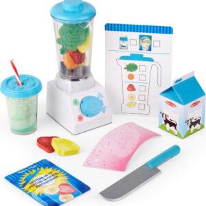 Melissa & Doug Smoothie Maker Pretend Play Blender Set | 22 Pieces, Blender, Slicable Wooden Fruit, Milk Carton, Cups, Toy Knife, Pretend Play Food, Preschool Toys for Kids, Ages 3+