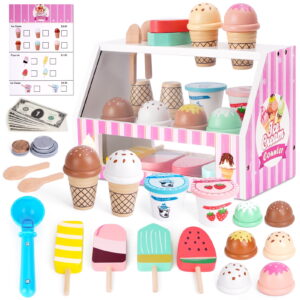 Melofaver Wooden Ice Cream Toy Pretend Play Set for Kids, Ice Cream Counter with Accessories, Toddler Food Toy, 39 Pieces