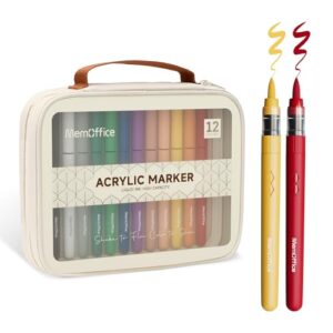 MemOffice Acrylic Paint Markers, 12 Colors, Brush Tip Paint Pens Set | High Opacity, No Bleed, For Rock, Fabric, Wood, Glass, 3D Printing, DIY Crafts, Water-Based, Waterproof