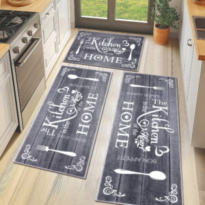 MeyJey Farmhouse Kitchen Rug Set, 3 Piece Non-Slip Kitchen Mat Machine Washable Runner Rug for Home Floor and Living Room, Dark Gray