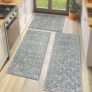 MeyJey Gray Kitchen Rug Set 3 Piece, Non Slip Machine Washable Floor Mats for Kitchen, Sink, Laundry, Hallway