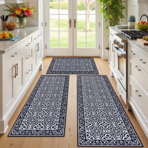 MeyJey Kitchen Rug Set 3 Piece, Non Slip Machine Washable Kitchen Mats for Floor Entryway Hallway Sink, Black