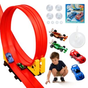 MINDNOOK 16 Ft Flexible Race Car Track Set for Kids, Portable Roll-Up Racetrack with 4 Cars & Suction Cups, Compatible with 1:64 Diecast Toy Cars, Gift for Boys & Girls Ages 3+