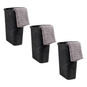 Mind Reader 40L Slim Laundry Hamper, Clothes Basket, Lid, Premium Wicker Design, Plastic, Set of 3, Black