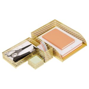 Mind Reader Gold Desk Organizer Set, Includes Pen Cup, Catchall Tray, File Box & Paper Tray, 4-Piece Metal Desktop Accessory Kit