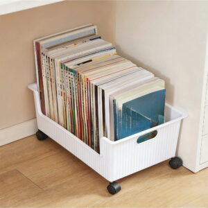 MMJ Book Storage Bin with Wheels Plastic Rolling Organizer Box Underbed Stackable Home Classroom 14.96x11.22x5.91in