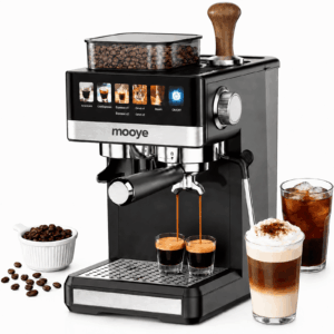 Mooye All-in-One Espresso Machine with Grinder, 20-Bar Espresso Maker with Milk Frother for Latte & Cappuccino, Black