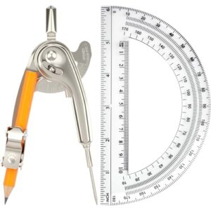 Mototo 2-PCS Geometry Tool Set, Math Compass for Geometry and 6 Inch Protractor Set Include Metal Compass with Pencil and Clear Plastic Protractor for Student Classroom Office Woodworking Art Drawing