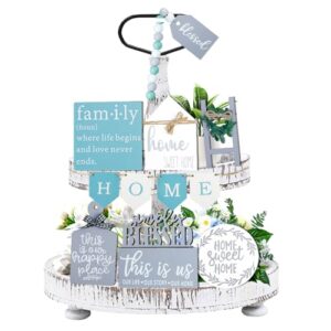 Mulaibdin Farmhouse Tiered Tray Decor Set, 2 Tiered Wooden Signs Tray Stand