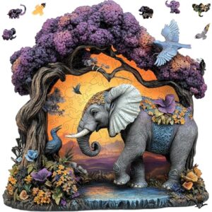 Mys Aurora Wooden Puzzles for Adults, Elephant Jigsaw Puzzles 200 Pieces, Unique Shaped Puzzle for Adults and Kids, Birthday Gift Family Game 11 x 11.2 Inch