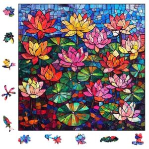 MYS A·U·R Puzzles for Adults, Glass Lotus Wooden Puzzles 200 Pieces, 5MM Thick Unique Shaped Flower Stained Glass Jigsaw Puzzles Birthday Gifts for Kids Family Game 11.2 * 11.2inch