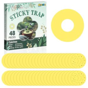 Mysora 48 Pcs Gnat Sticky Traps for Plant Fruit Fly Traps Indoor Yellow Blue Round Ring Fungus Gnat Stickers for Potted Plants Indoor Outdoor Mosquito Flying Insects (Yellow,S)