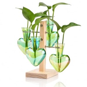 Nacome Plant Terrarium Propagation Stations: Green Vase with Wooden Stand | 4 Irised Crystal Glass, Heart Shaped, Home Table Decor, Birthday Gifts for Plant Lovers Women Mom Wife