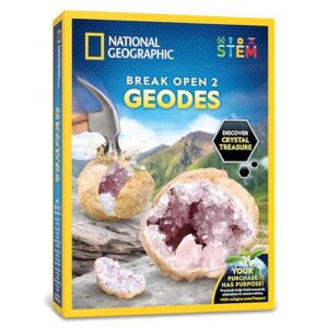 National Geographic Break Open 2 Geodes Kit for Kids - Crack Real Geodes to Reveal Crystal Treasures, Geology Science Toy with Goggles, Display Stand & Magnifying Glass